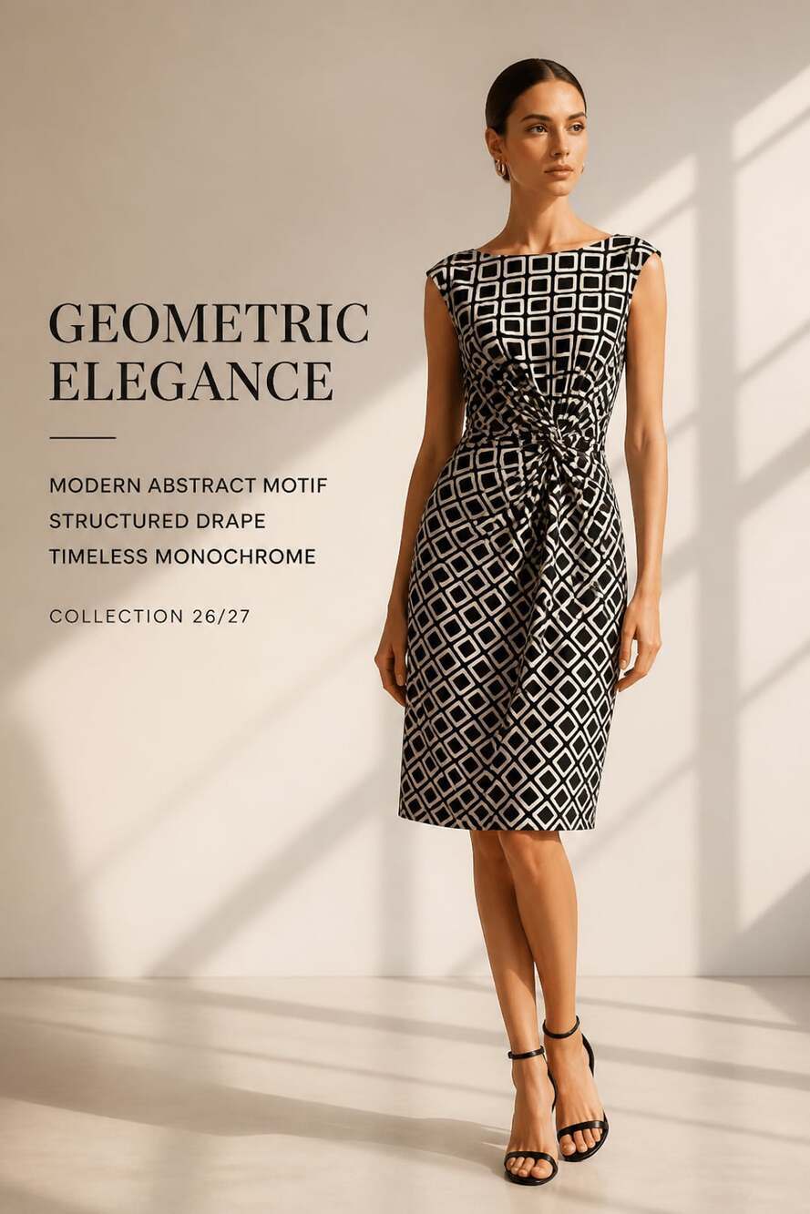 Lauren Ralph Lauren Black and White Geometric Print Sleeveless Ruched Waist Dres